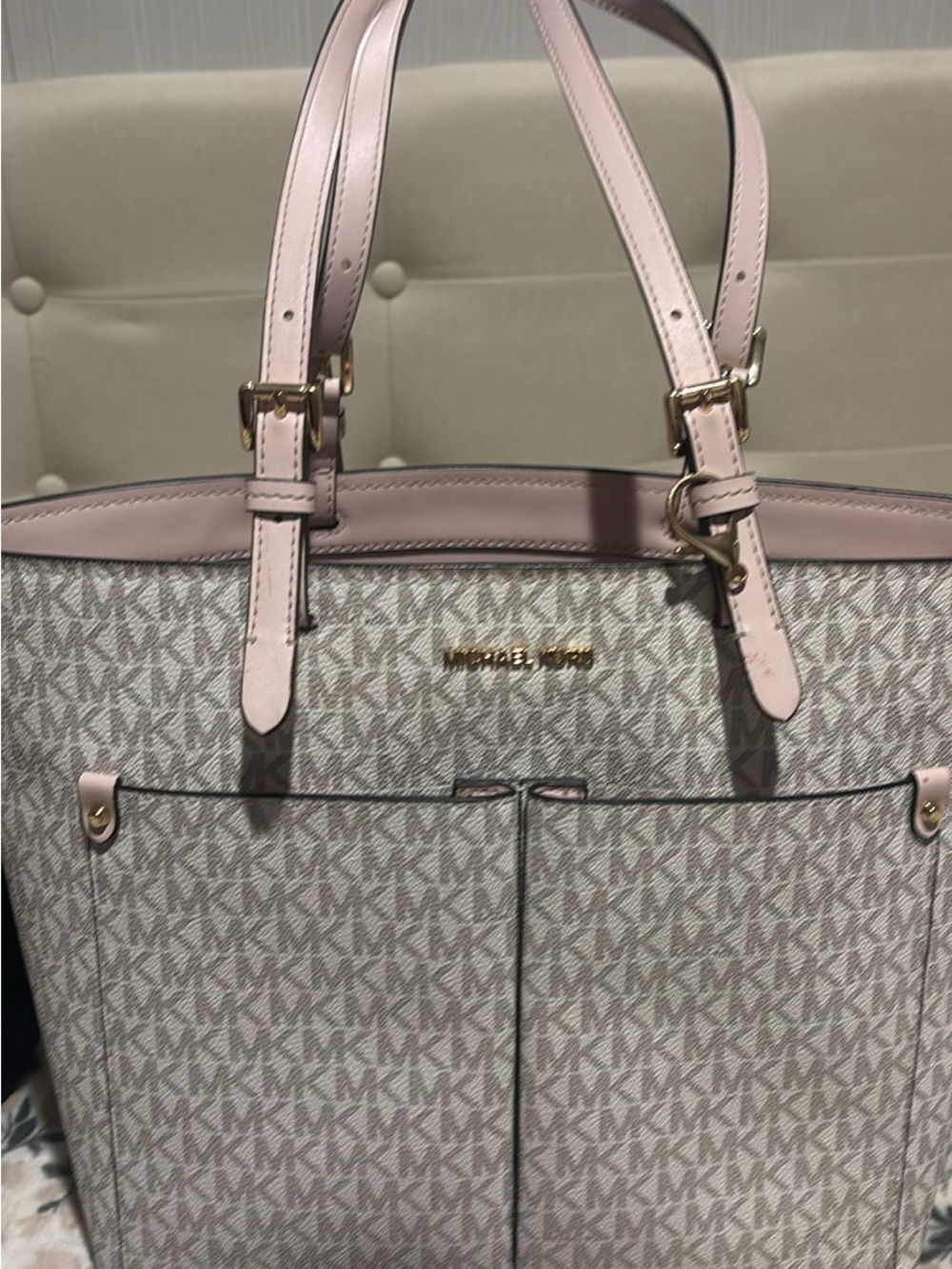 Michael Kors Pink and Ivory Logo Tote with Front Pockets